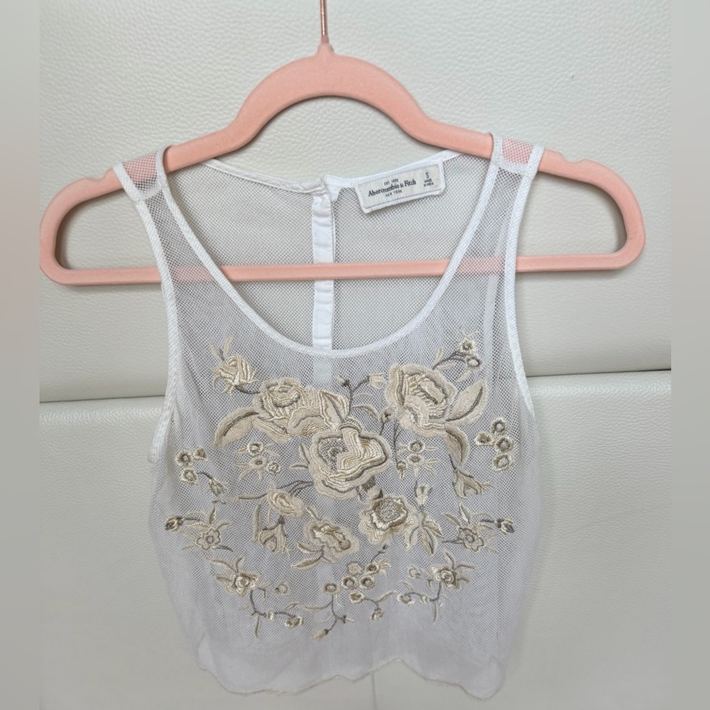 Abercrombie & Fitch White Mesh Camisole with Gold Floral Embroidery
